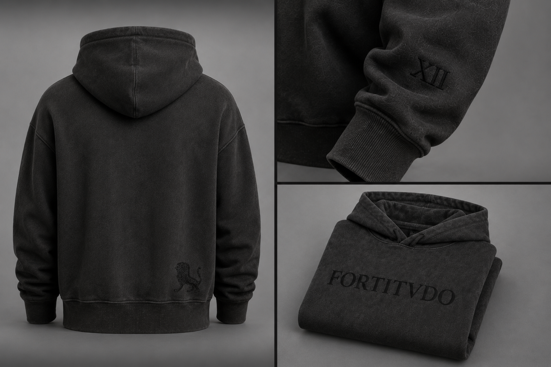 FORTITVDO hoodie construction details — Nemean Lion back graphic, sleeve XII numeral, FORTITVDO wordmark embroidery