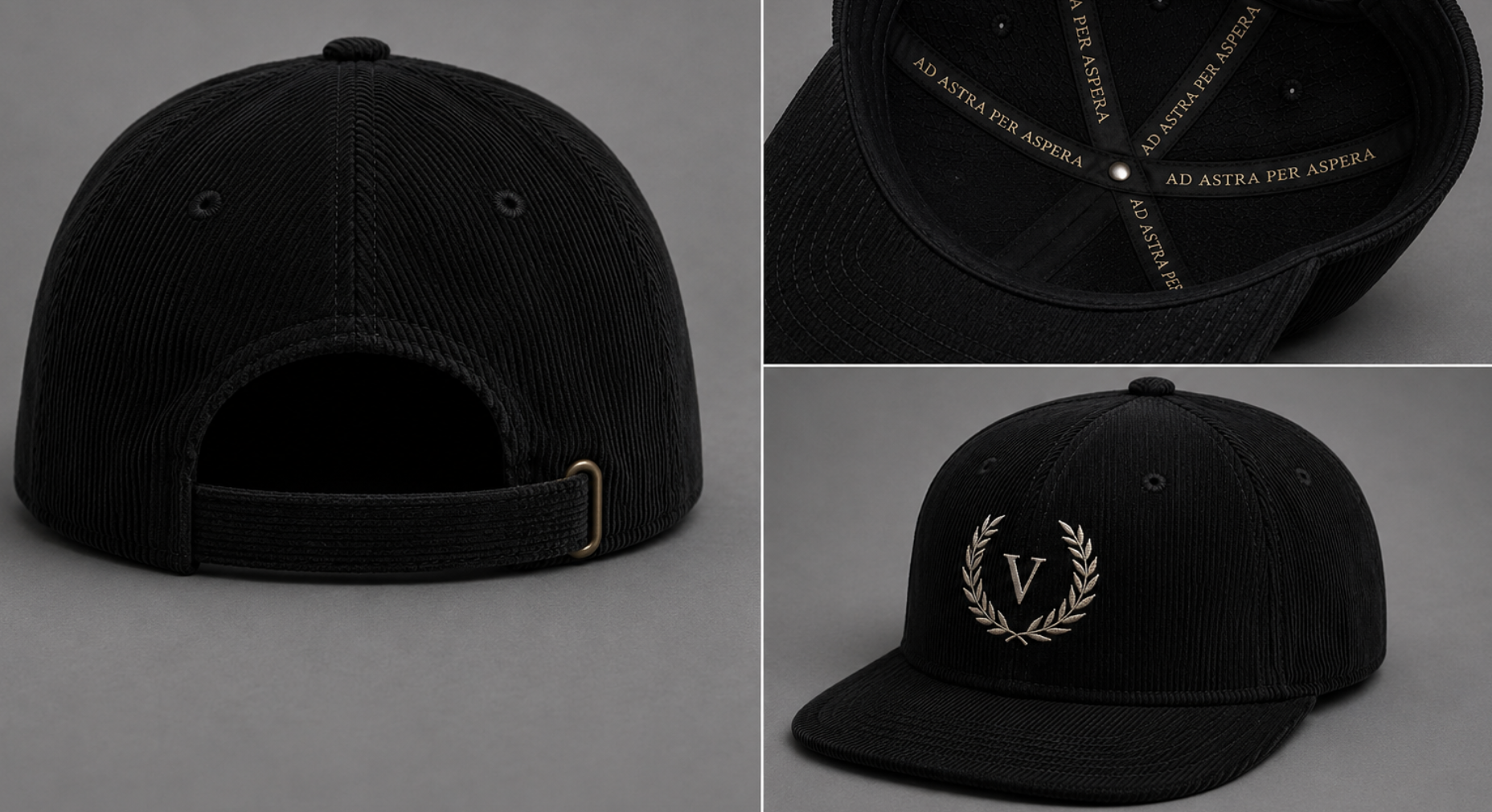 Virtvs corduroy cap construction details — wreath V front embroidery, interior Ad Astra Per Aspera taping, antique brass rear adjuster